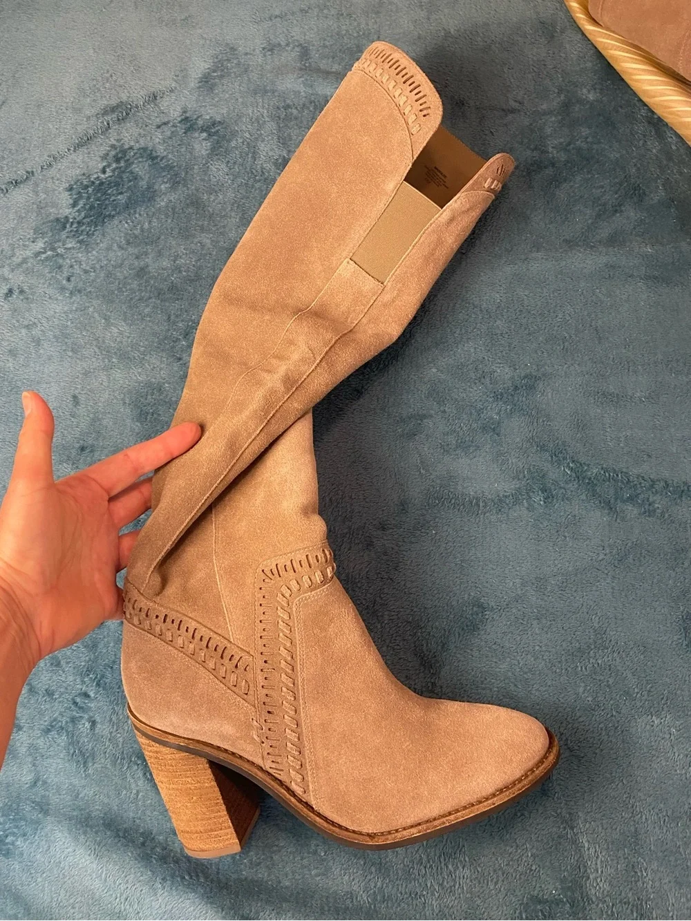 VINCE CAMUTO Tan Suede Leather Over-the-Knee 4” Heel Boots, 9, zipper, elastic